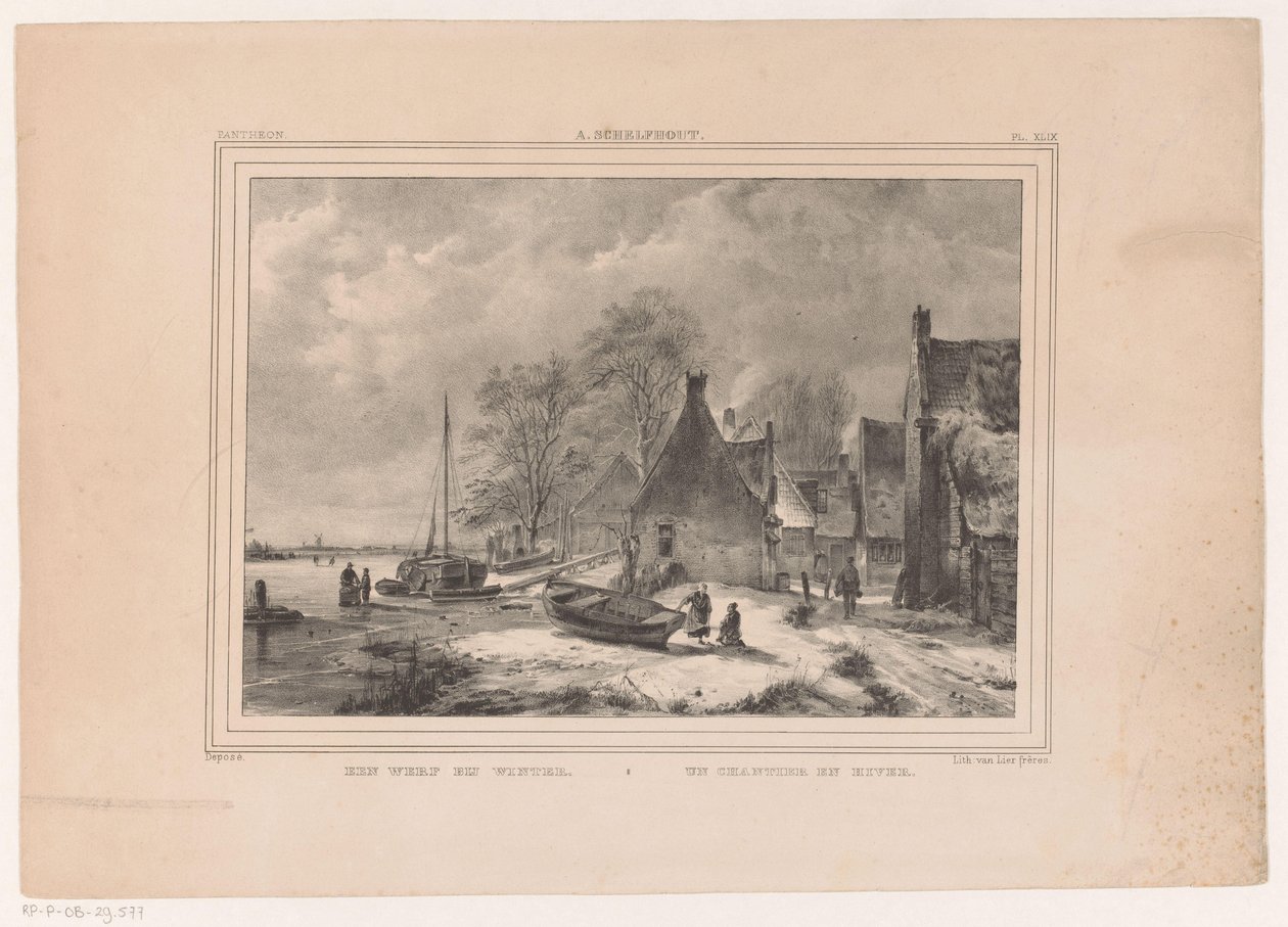 Río congelado cerca del pueblo A yard at winter / Un chantier en hiver (título sobre objeto) de Andreas Schelfhout