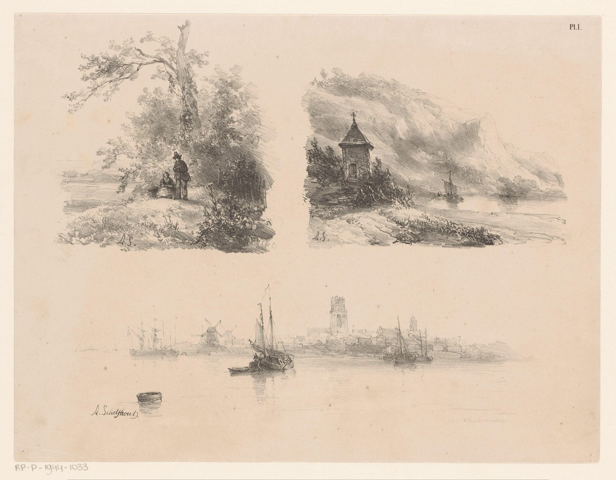 Figuras en un bosque, un río a lo largo de una costa montañosa y barcos en el agua de Andreas Schelfhout