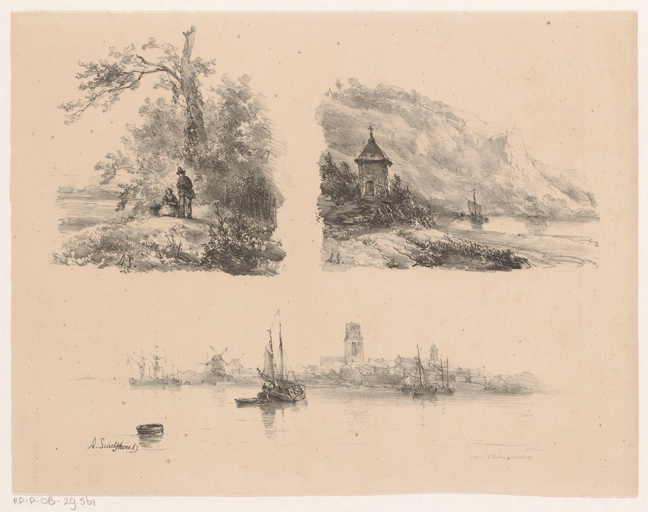 Figuras en un bosque, un río a lo largo de una costa montañosa y barcos en el agua de Andreas Schelfhout