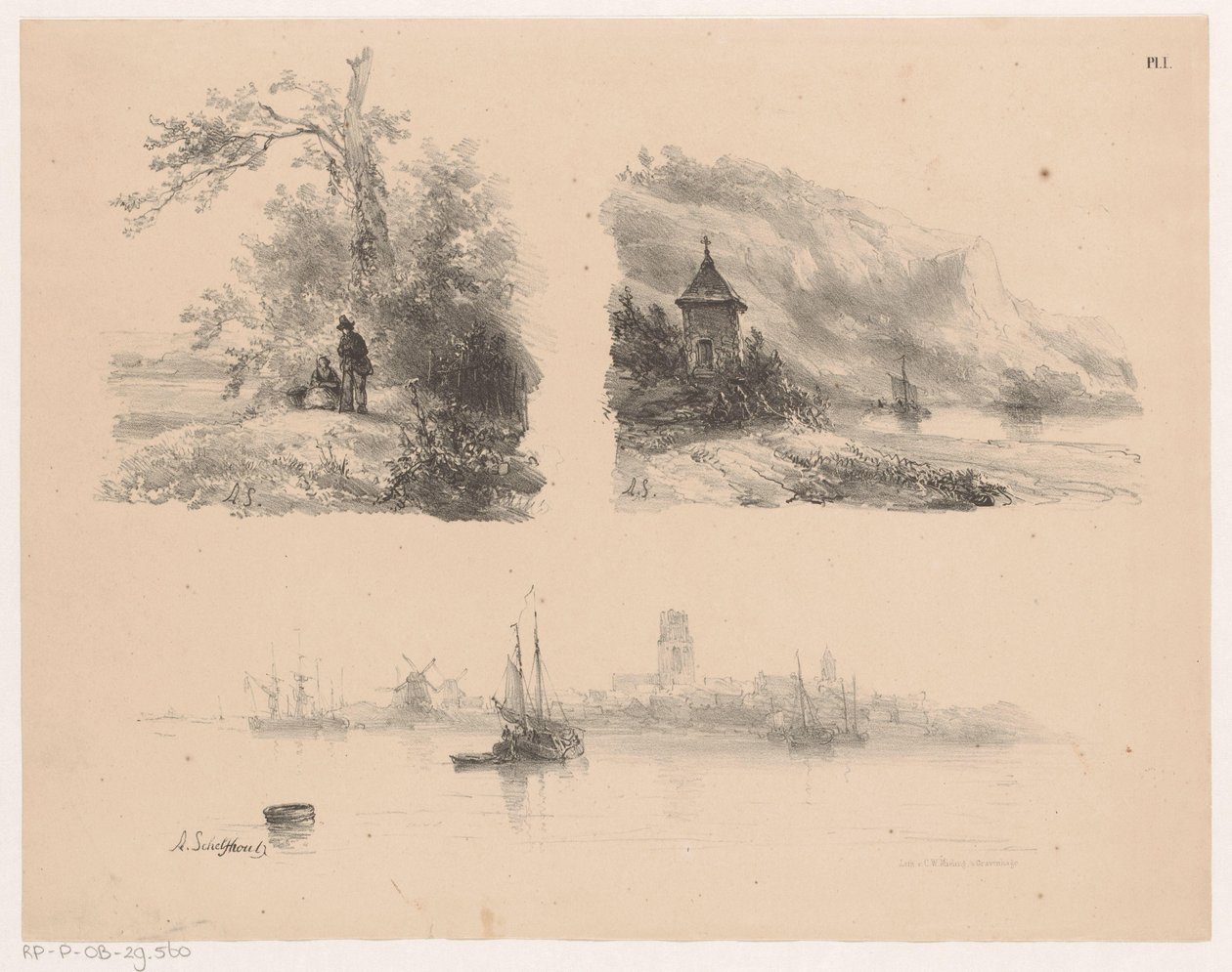 Figuras en un bosque, un río a lo largo de una costa montañosa y barcos en el agua de Andreas Schelfhout