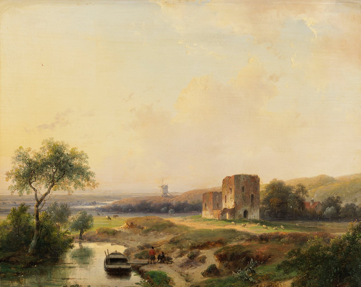 Paisaje fluvial cerca de Haarlem con molino de viento y las ruinas de Brederode de Andreas Schelfhout