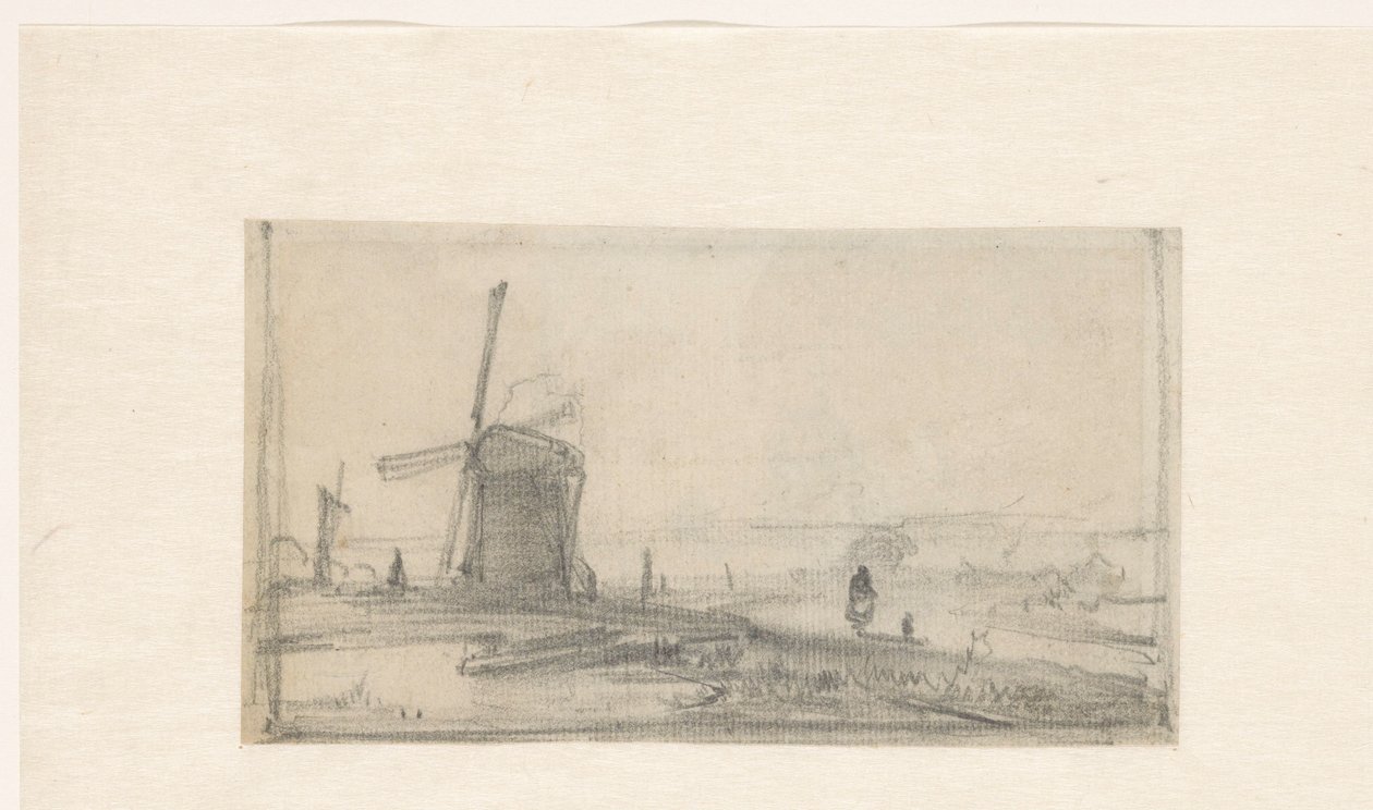 Boceto de un paisaje con un molino a la izquierda de Andreas Schelfhout