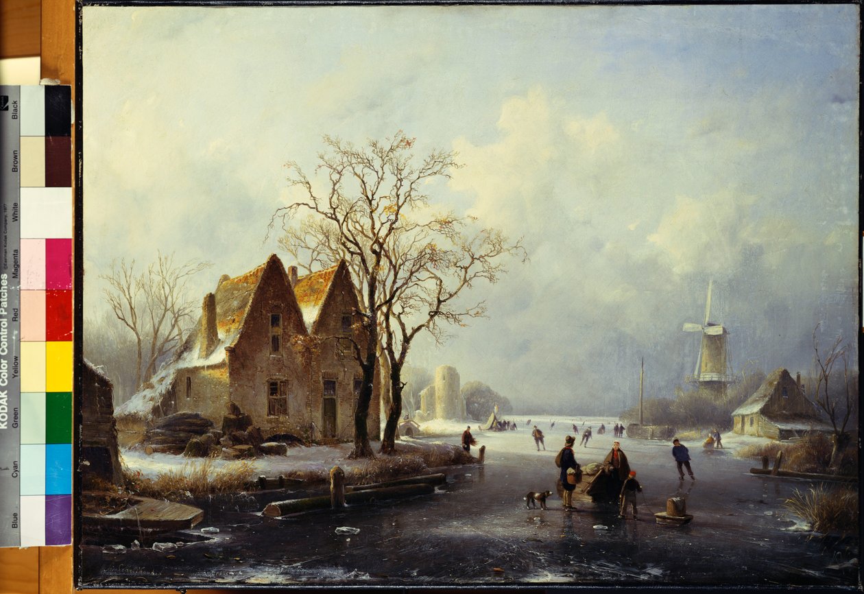 Patinadores en un paisaje invernal congelado de Andreas Schelfhout