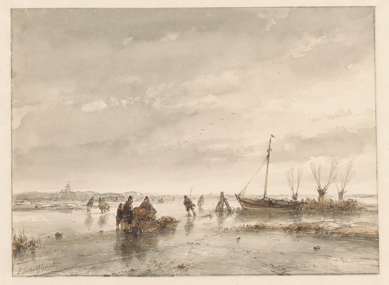 Paisaje invernal con lago congelado de Andreas Schelfhout