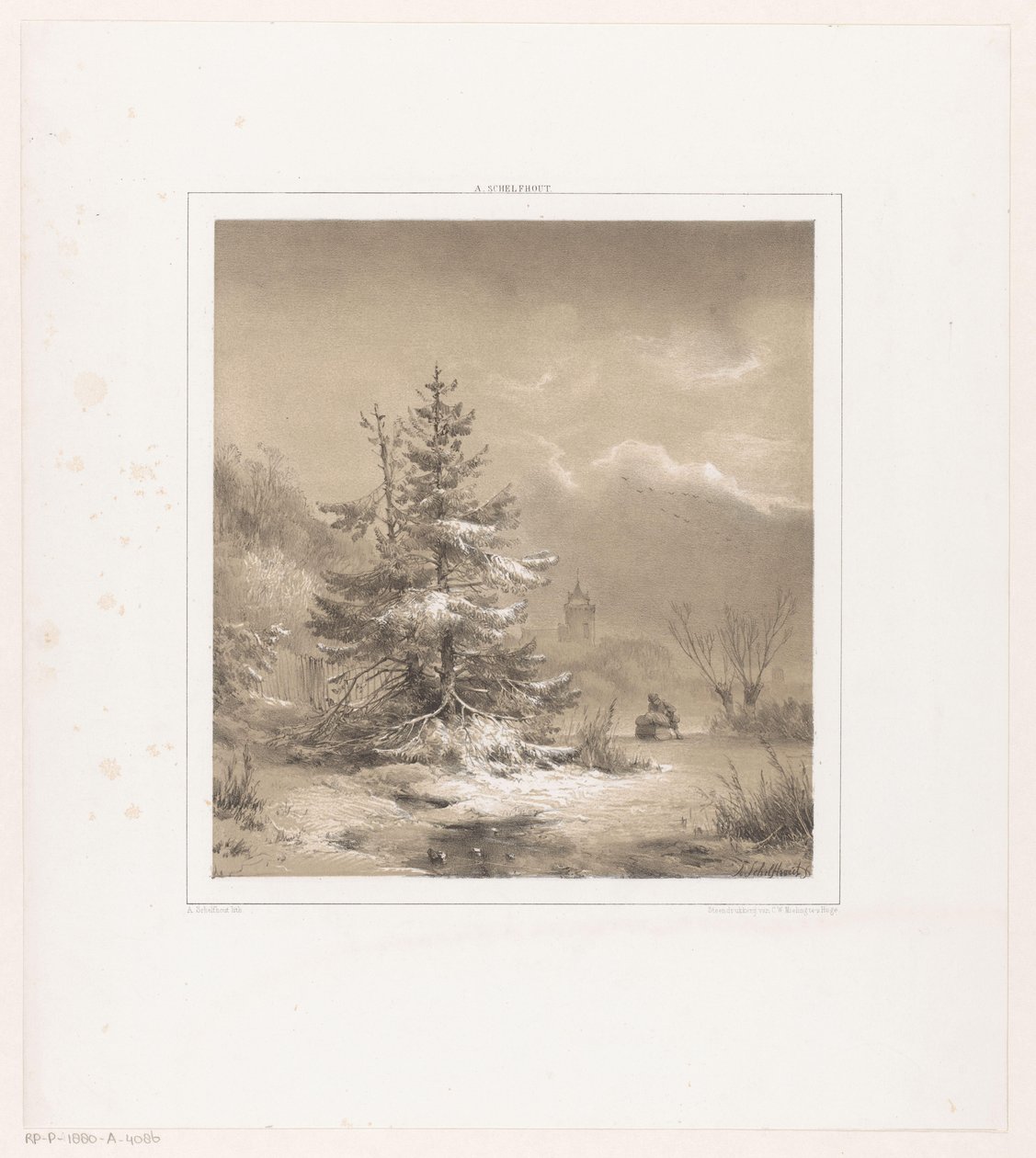 Paisaje invernal con pinos y un hombre con trineo de Andreas Schelfhout
