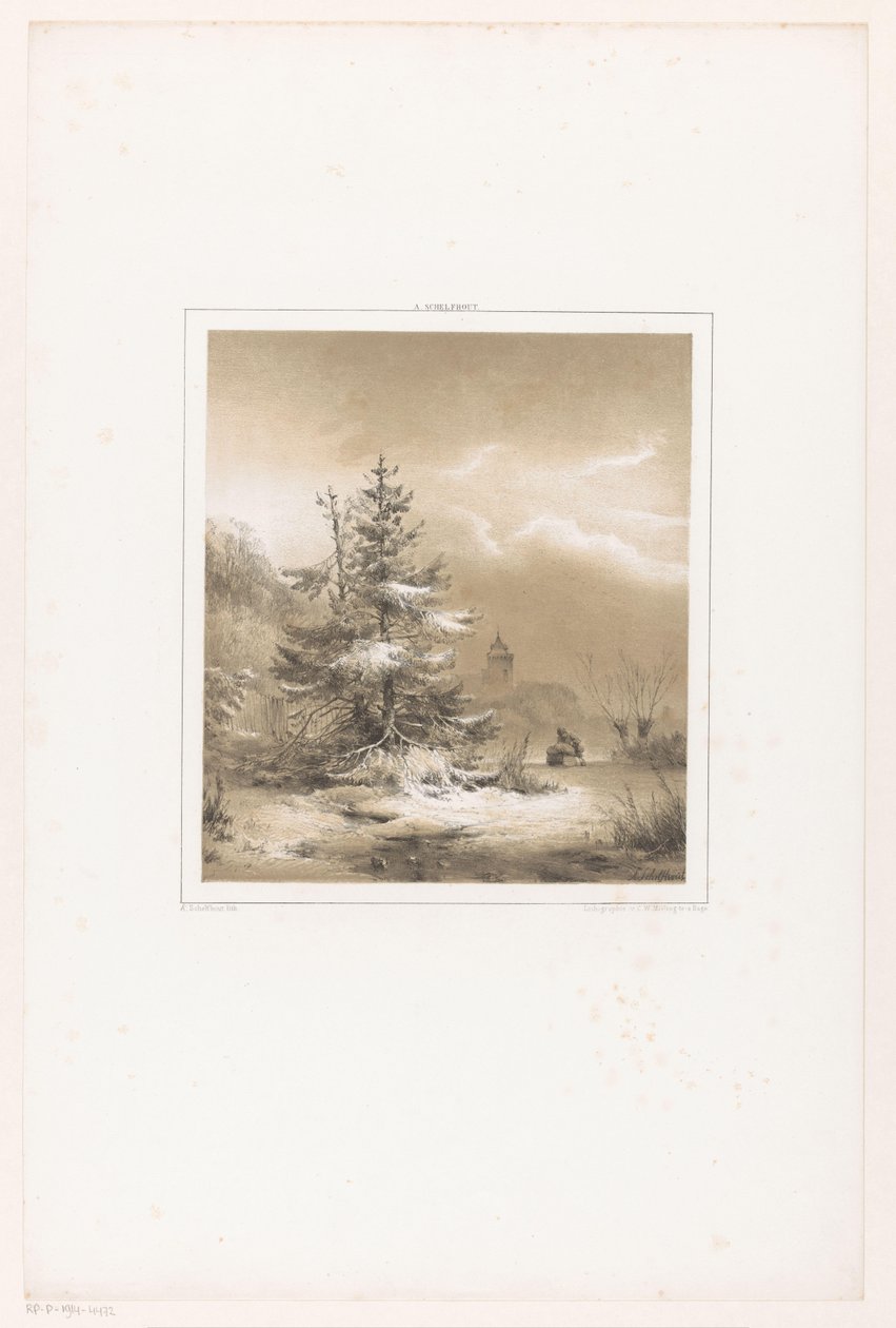Paisaje invernal con pinos y un hombre con trineo de Andreas Schelfhout