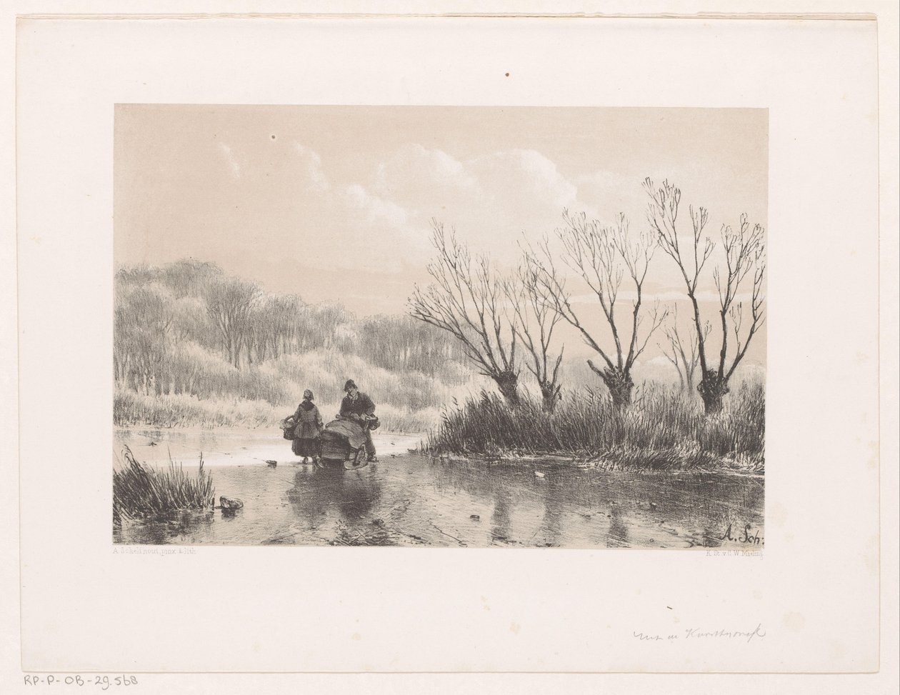 Paisaje invernal con dos figuras sobre el hielo. de Andreas Schelfhout