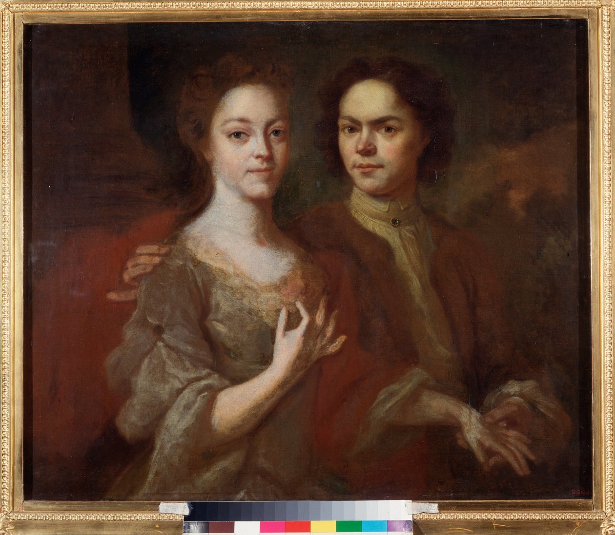 Autorretrato con su esposa (Autorretrato con la esposa) - Pintura de Andrei Matveyevich Matveyev (Matveiev) (1701-1739), óleo sobre lienzo, hacia 1729 - Arte ruso, retrato del siglo XVIII - Museo Estatal Ruso, San Petersburgo de Andrei Matveyev