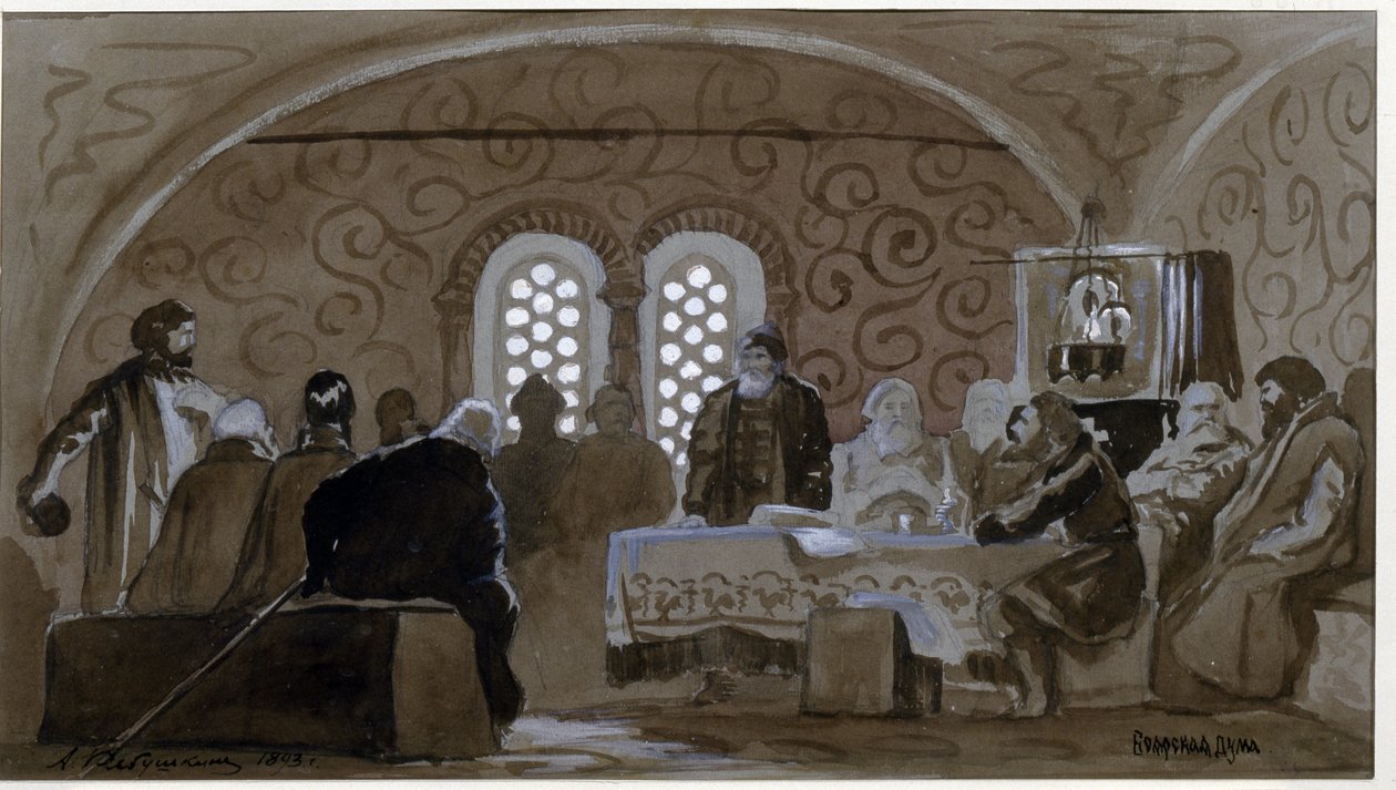 La Duma en la época de los Boyardos (boiars, boiars) (La Duma de los Boyardos). Consejo consultivo de los príncipes de la Rus de Kiev (Rutenia) en tiempos del zar Miguel I de Rusia (1596-1645). Obra de Andrei Petrovich Ryabushkin (Riabuchkin) (1861-1904),  de Andrei Petrovich Ryabushkin