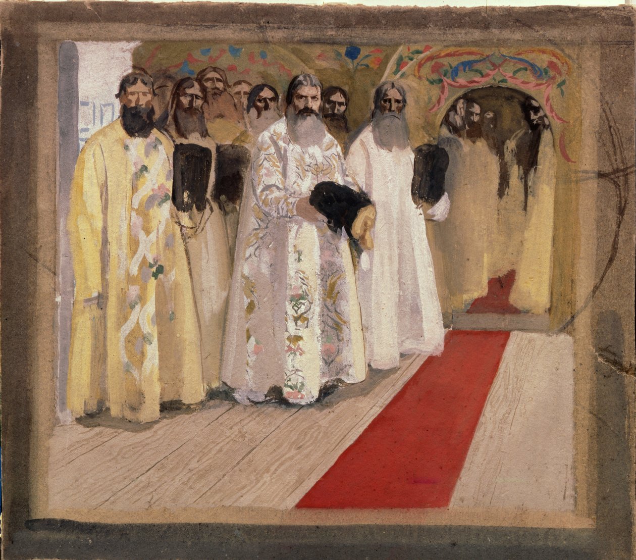 Esperando al Zar. Boyards (boiards, boiars), en el Ducado de Moscú, esperan para recibir al Zar Alexis I de Rusia, conocido como el Zar Muy Pacífico (1629-1676). Obra de Andrei Petrovich Ryabushkin (Riaboutchkine) (1861-1904) de Andrei Petrovich Ryabushkin