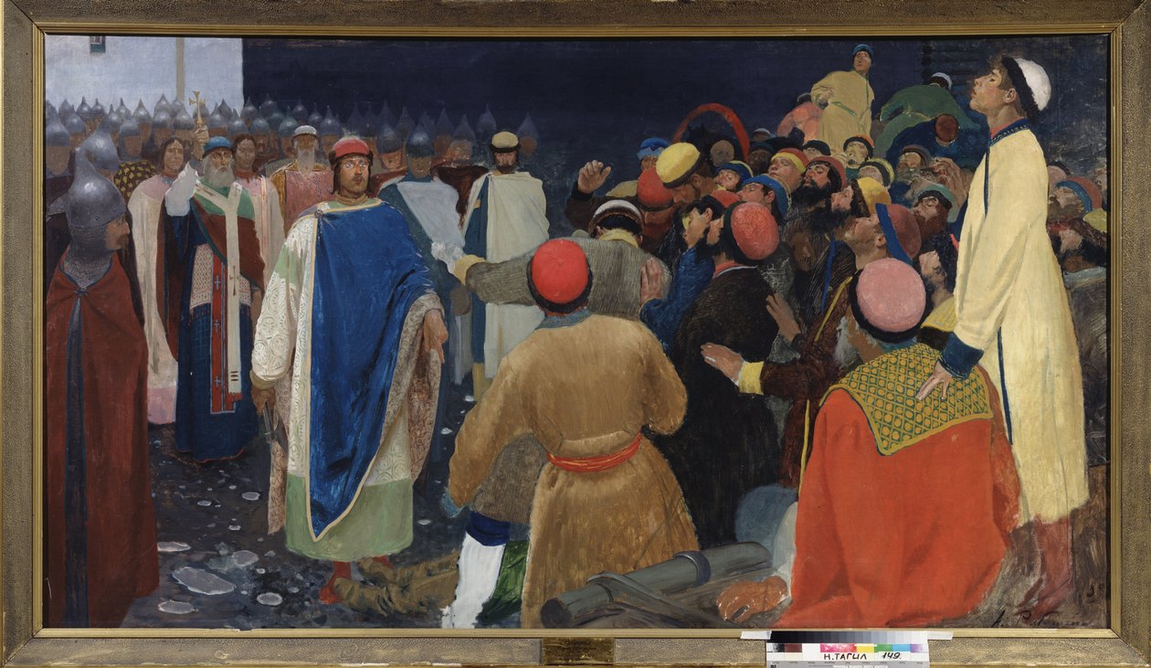 El príncipe Gleb Sviatoslavich (m. 1079) mata a un volkhve (adivino eslavo) en una veche en Nóvgorod. Pintura de Andrei Petrovich Ryabushkin (Riabuchkin) (1861-1904), óleo sobre lienzo de Andrei Petrovich Ryabushkin