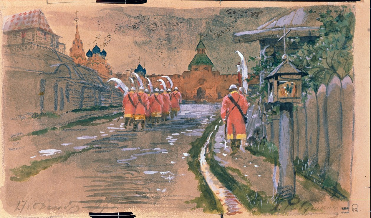 Patrulla callejera en la Puerta Ilyinsky en el Viejo Moscú. Obra de Andrei Petrovich Ryabushkin (Riaboutchkine) (1861-1904), acuarela sobre papel de Andrei Petrovich Ryabushkin