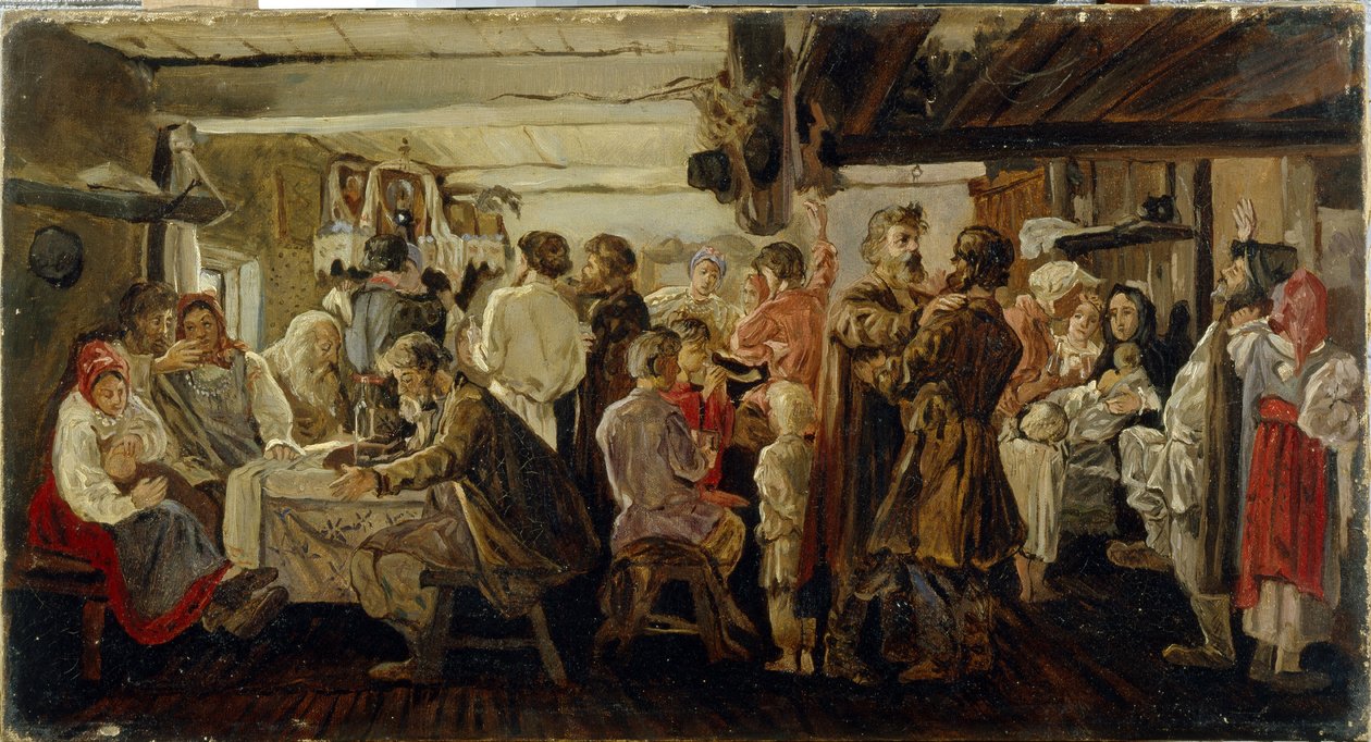 Una boda campesina en la región de Tambov (Rusia). (Boda campesina en la región de Tambov). Pintura de Andrei Petrovich Ryabushkin (Riaboutchkine) (1861-1904), óleo sobre lienzo, alrededor de 1880. Arte ruso del siglo XIX. Galería Estatal Tretyakov, Moscú. de Andrei Petrovich Ryabushkin