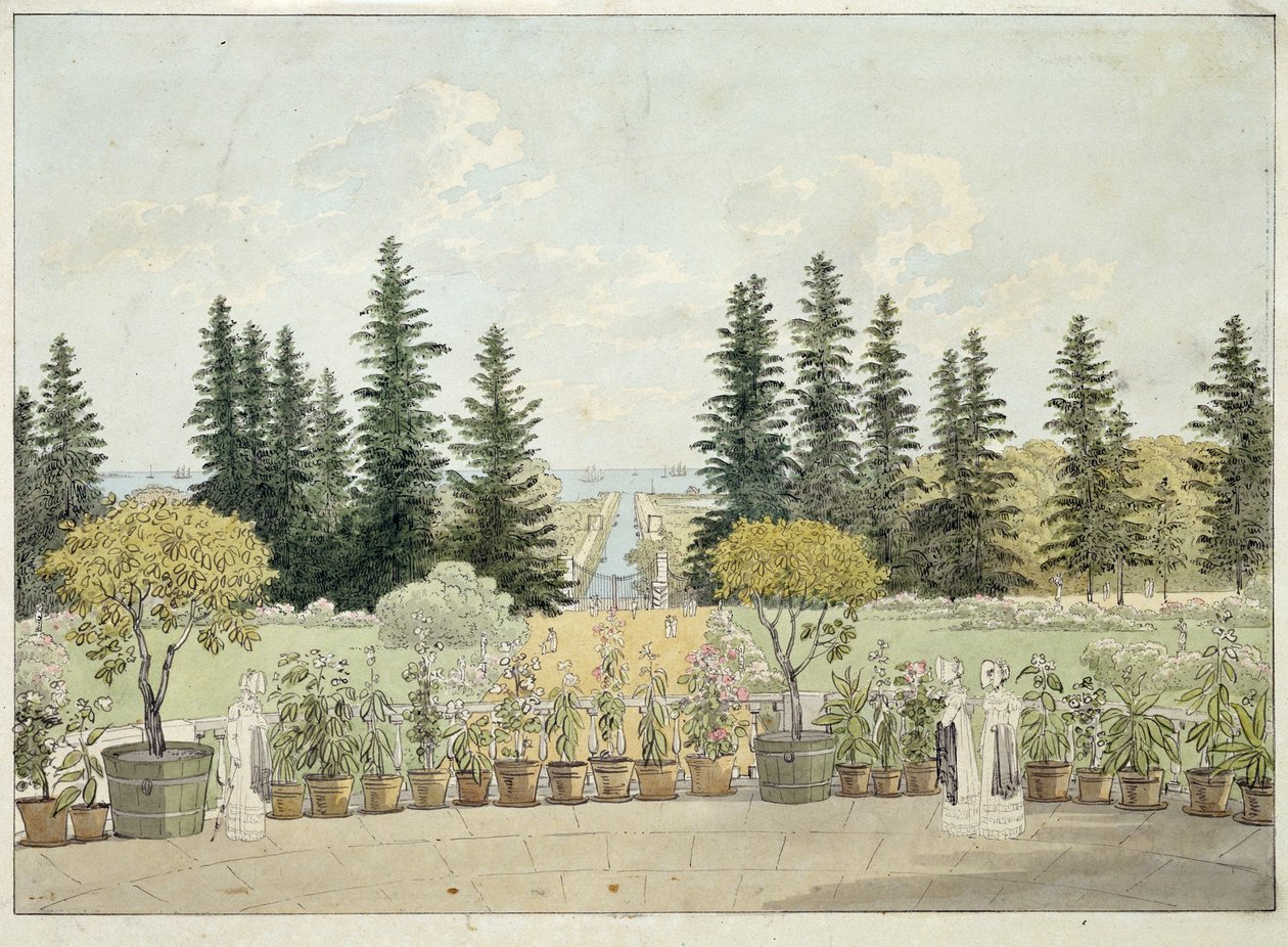 Vista desde la Terraza del Gran Palacio Oranienbaum en Lomonossov, aglomeración de San Petersburgo (Vista desde la Terraza del Gran Palacio Oranienbaum). Obra de Andrei Yefimovich Martynov (1768-1826), acuarela sobre papel de Andrei Yefimovich Martynov