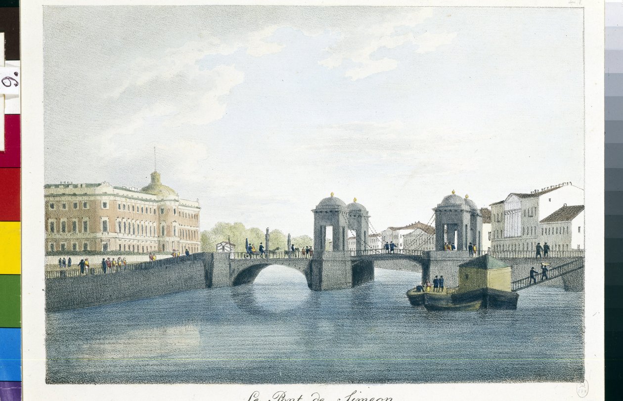 Vista del Puente Simeón en San Petersburgo. (El Puente Simeón en San Petersburgo). Litografía y acuarela de Andrei Yefimovich Martynov (1768-1826) de Andrei Yefimovich Martynov