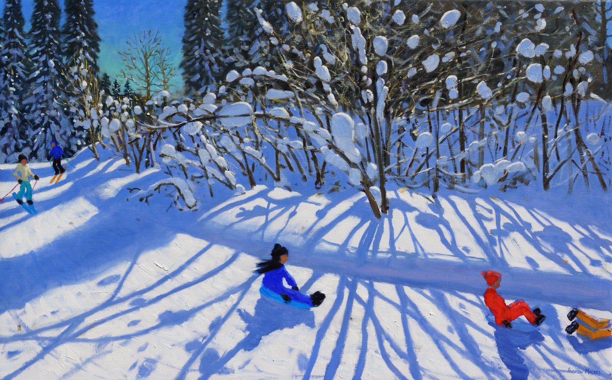 Trineo y esquí en el sendero, Morzine de Andrew Macara
