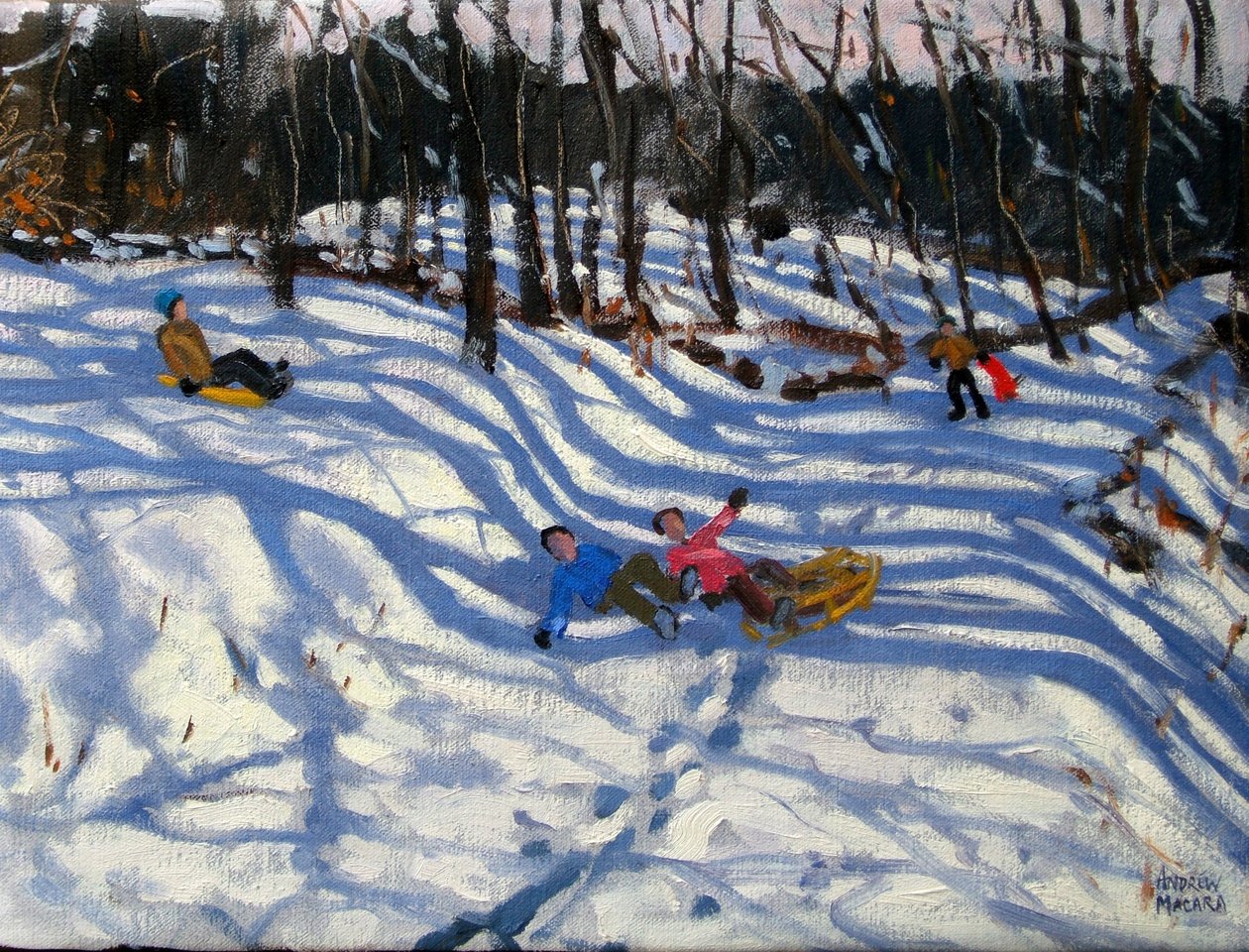 Dos niños cayendo de un trineo, Morzine de Andrew Macara