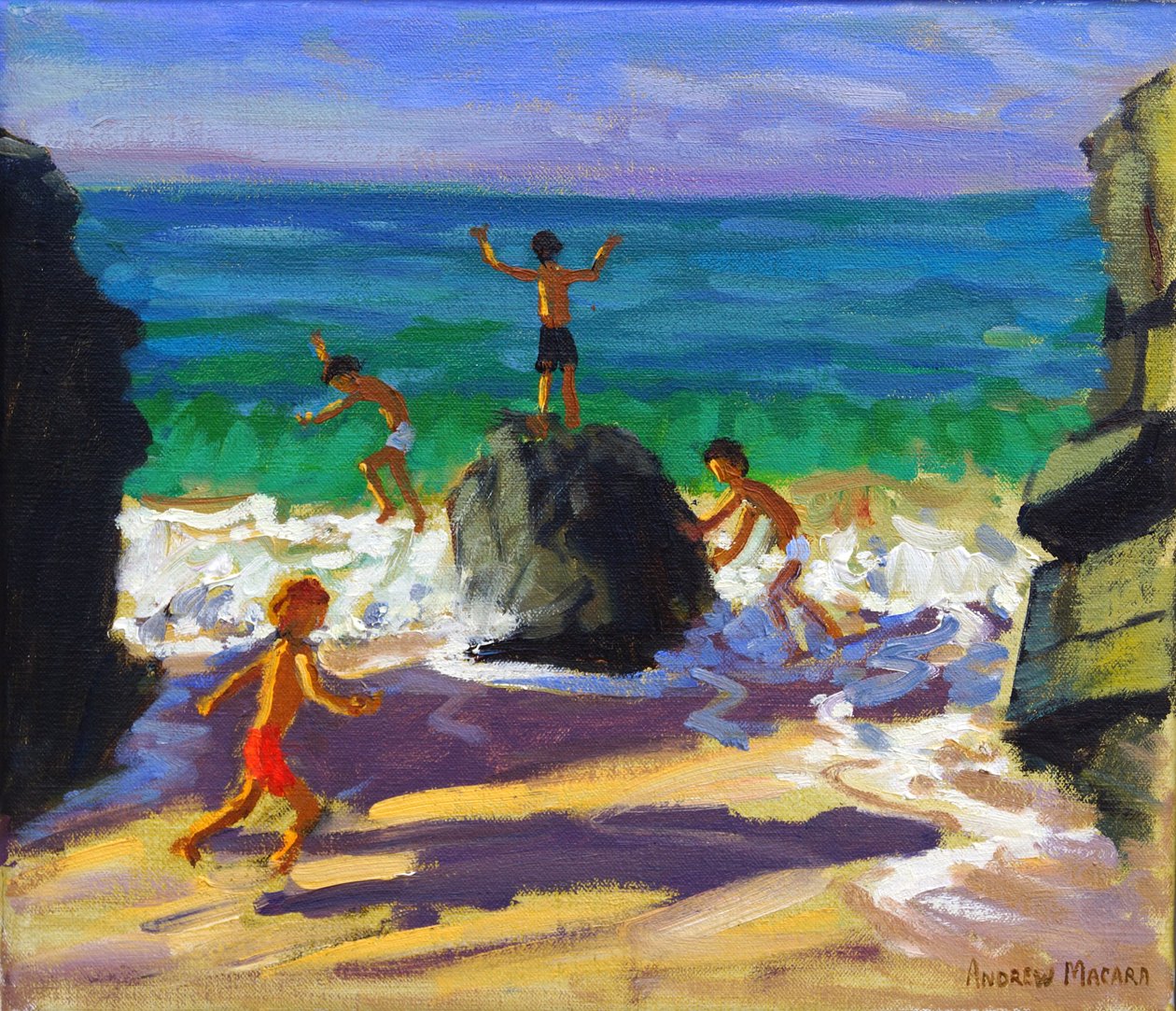 Escalando rocas, playa de Porthmeor, St Ives, 2013 de Andrew Macara