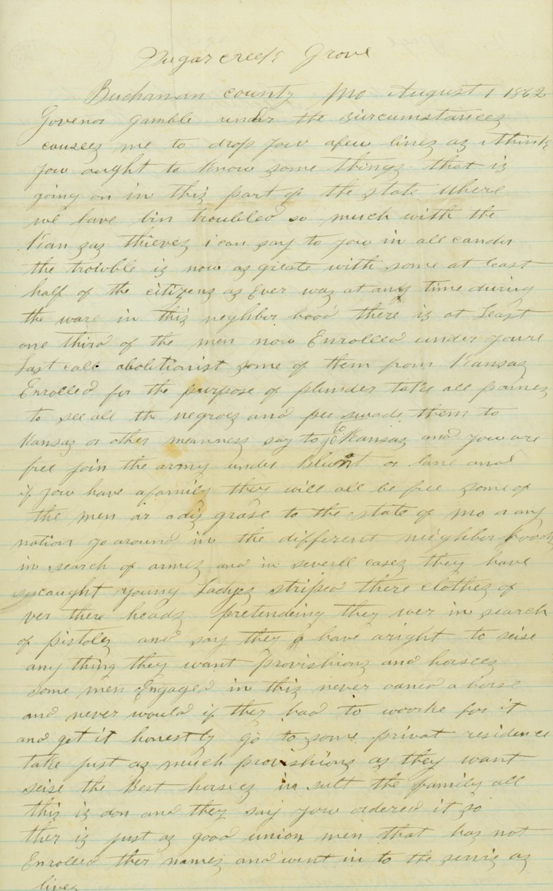 Carta firmada por Andrew Brownlow, Condado de Buchanan, Mo., al Gobernador Gamble [Hamilton R. Gamble], 1 de agosto de 1862 de Andrew Brownlow