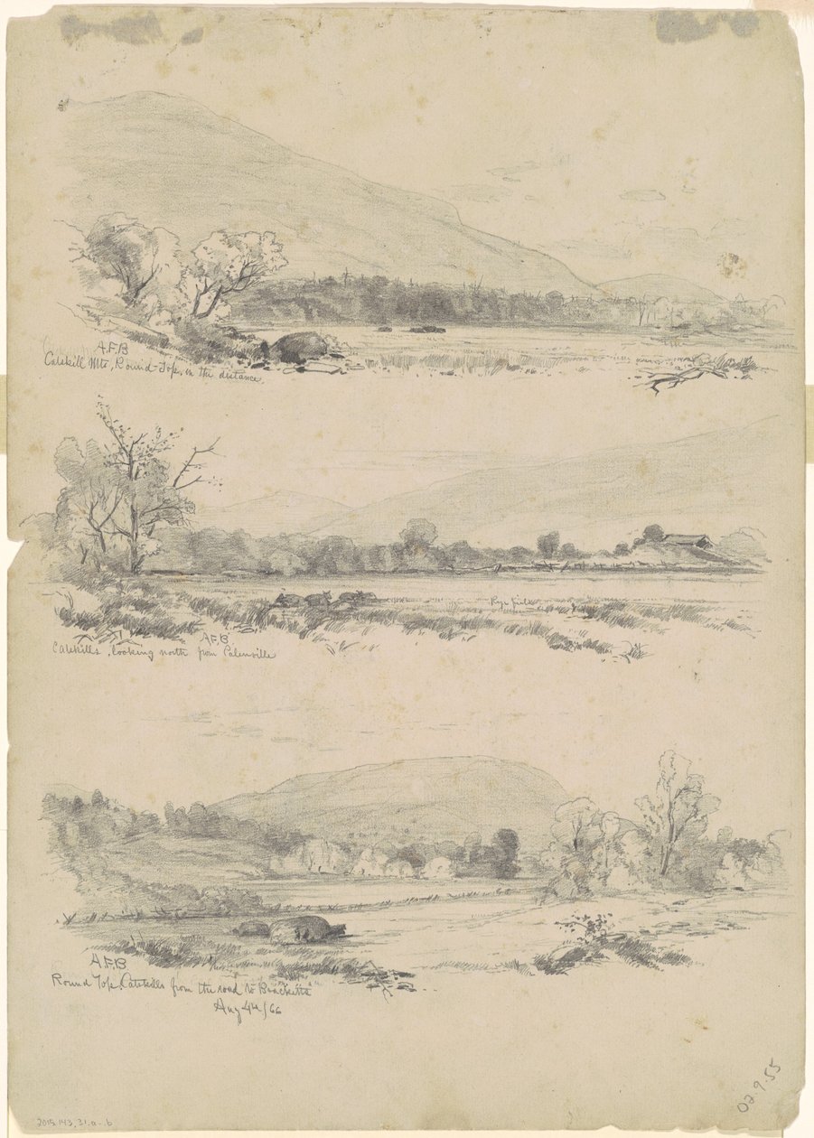 Montañas Catskill, Round-Top en la distancia; Catskills mirando al norte desde Palenville; y Round Top, Catskills, desde el camino a Bracketts [verso] de Andrew Fisher Bunner