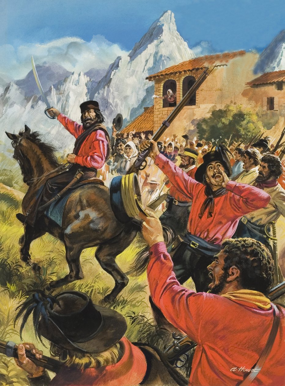 Guiseppe Garibaldi (1807-82) y su ejército en la batalla con las tropas reales napolitanas (gouache sobre papel) de Andrew Howat