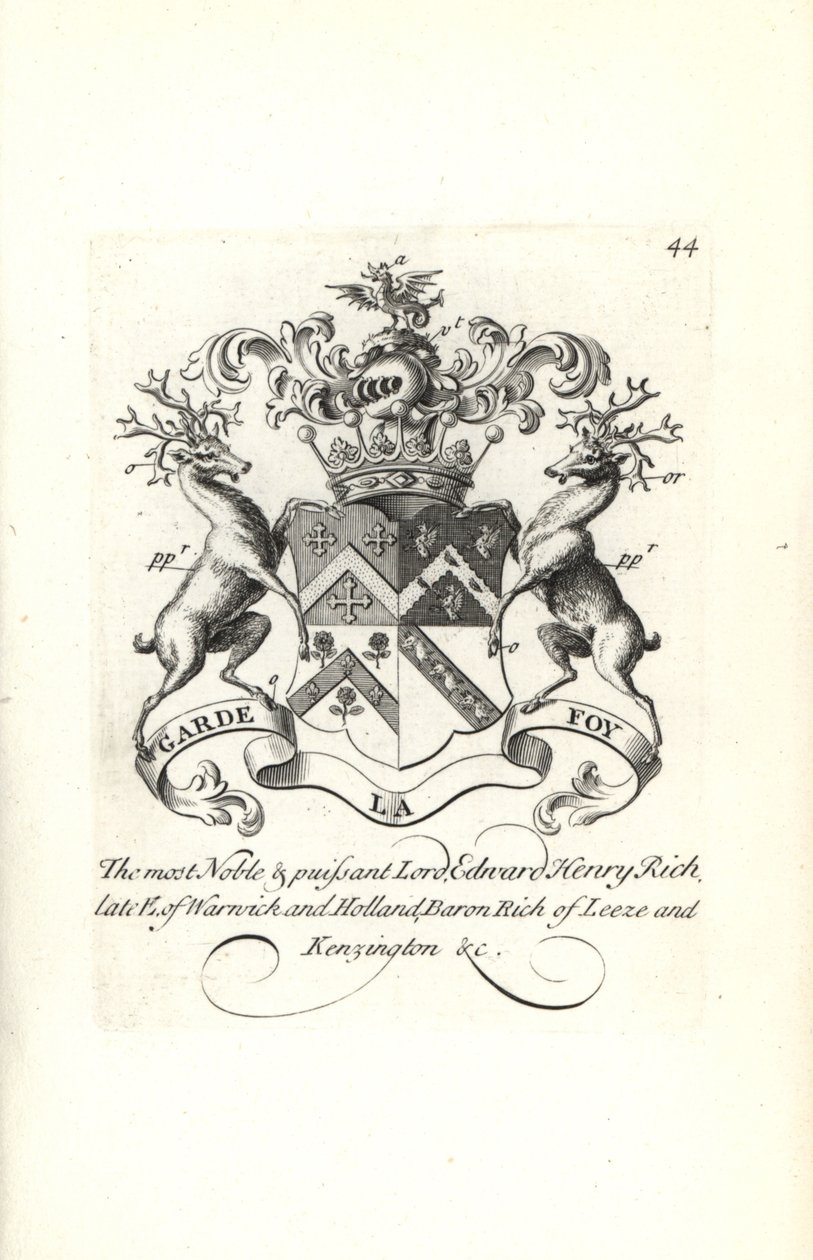 Escudo de armas y cresta de Lord Edward Henry Rich, 7º Conde de Warwick y Holland, Barón Rich de Leeze y Kensington de Andrew Johnston