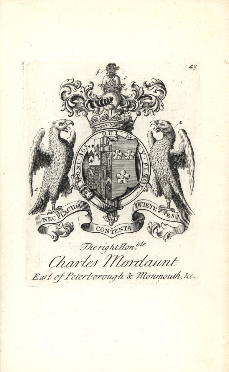 Escudo de armas y cresta del honorable Charles Mordaunt, 3º Conde de Peterborough y 1º Conde de Monmouth de Andrew Johnston