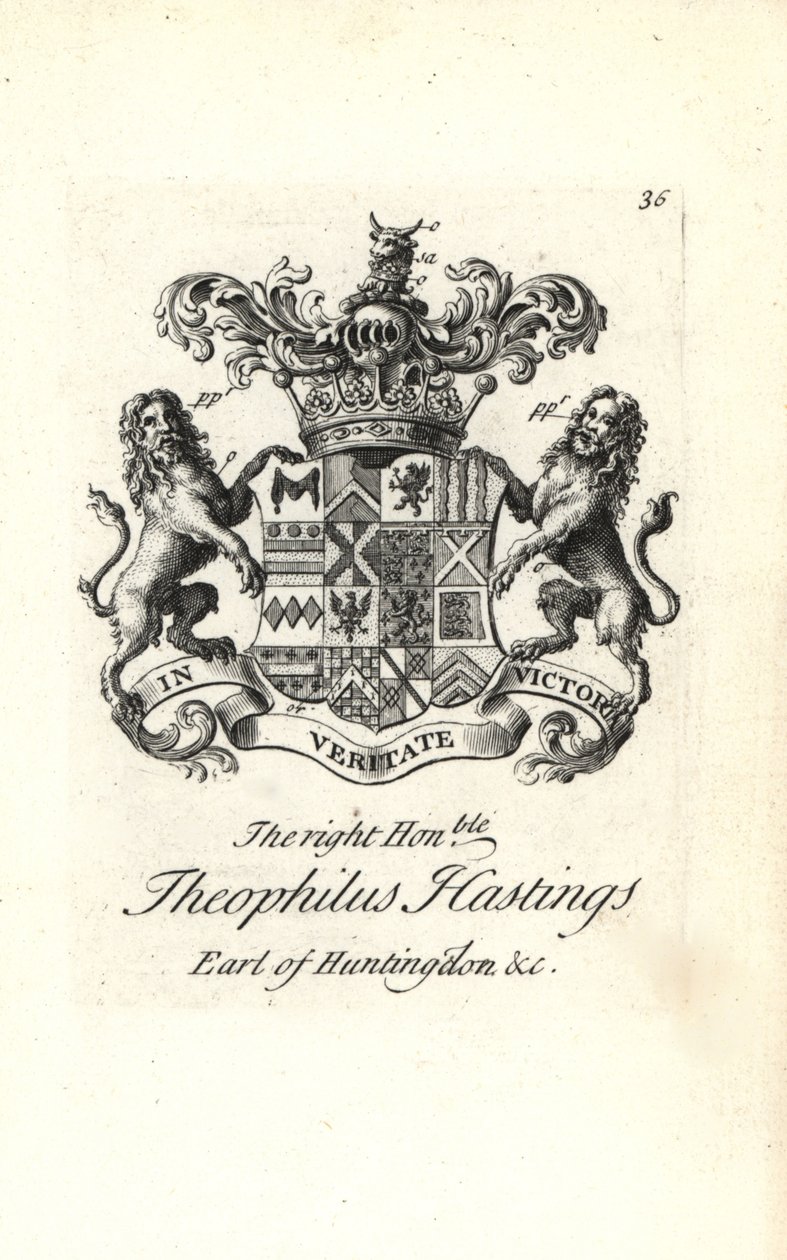 Escudo de armas y cresta del honorable Theophilus Hastings, 9º Conde de Huntingdon de Andrew Johnston