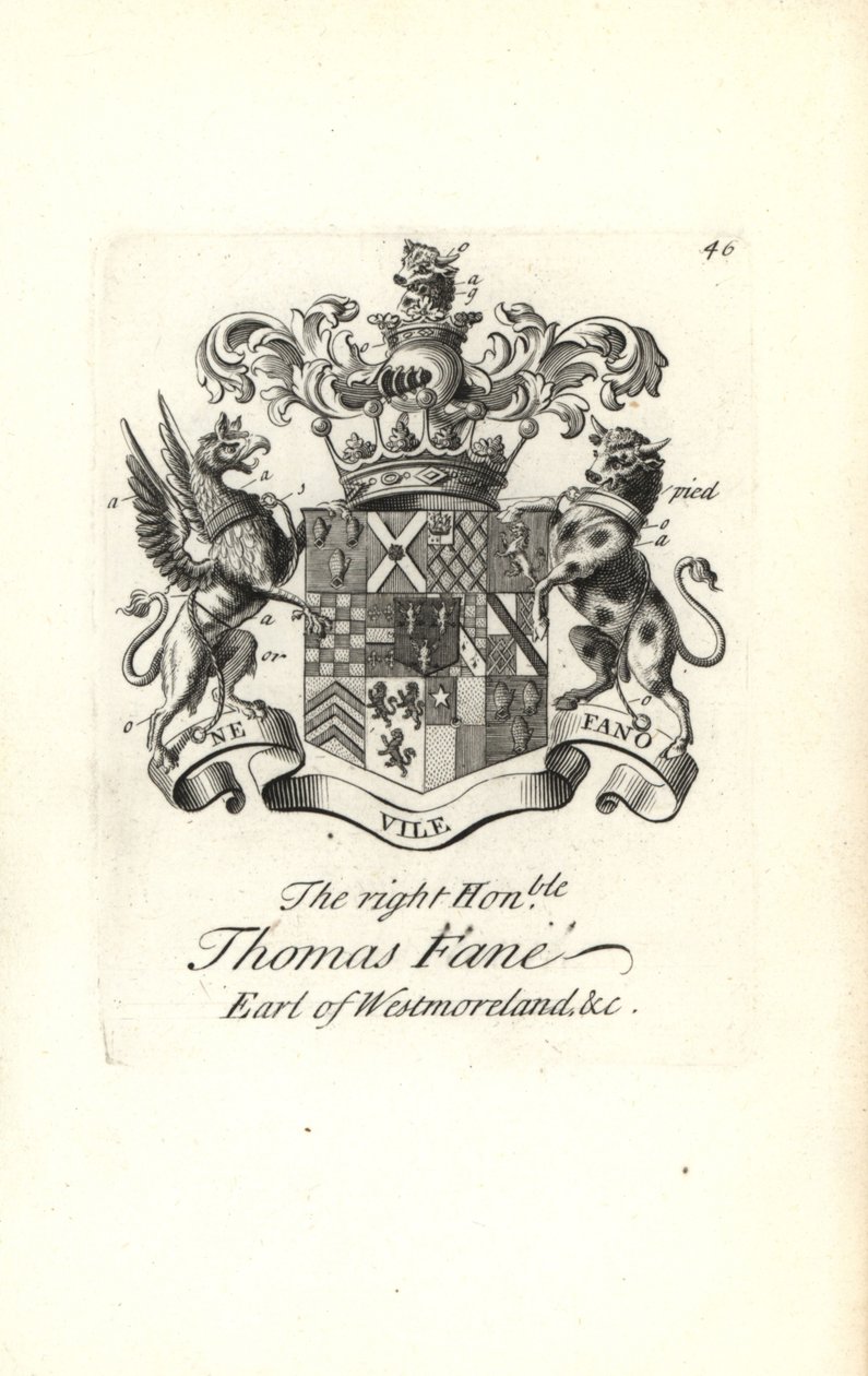 Escudo de armas y cresta del honorable Thomas Fane, 8º Conde de Westmoreland de Andrew Johnston