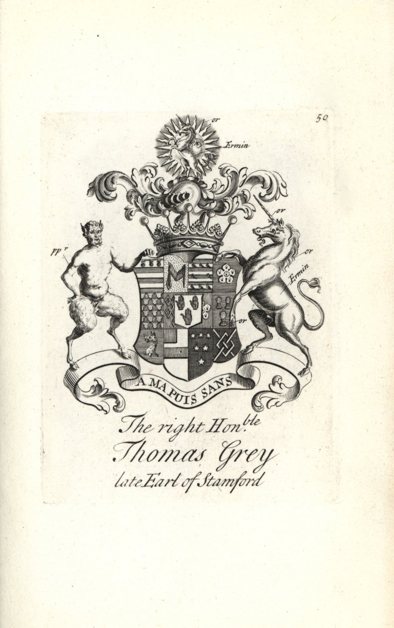 Escudo de armas y cresta del honorable Thomas Grey, 2º Conde de Stamford de Andrew Johnston