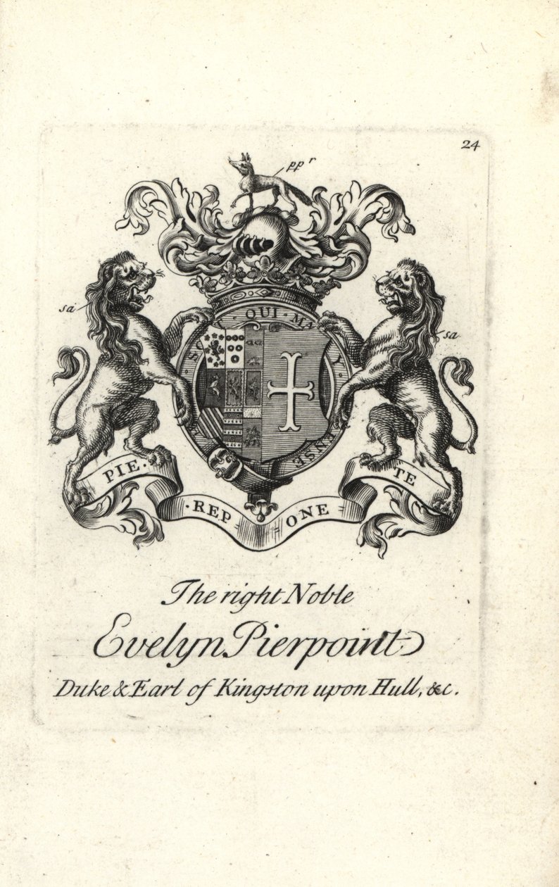 Escudo de armas y cresta del noble Evelyn Pierpoint, Duque y Conde de Kingston upon Hull de Andrew Johnston