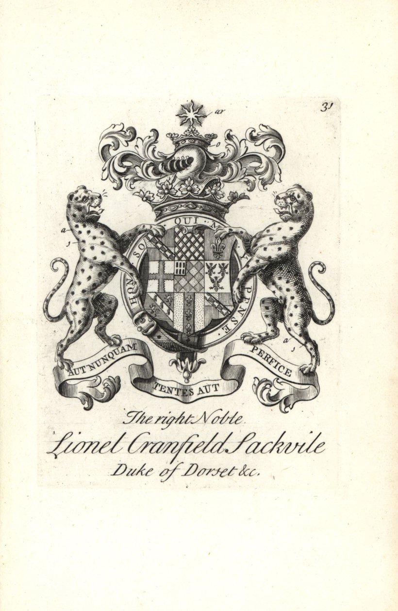 Escudo de armas y cresta del muy noble Lionel Cranfield Sackville, Duque de Dorset de Andrew Johnston