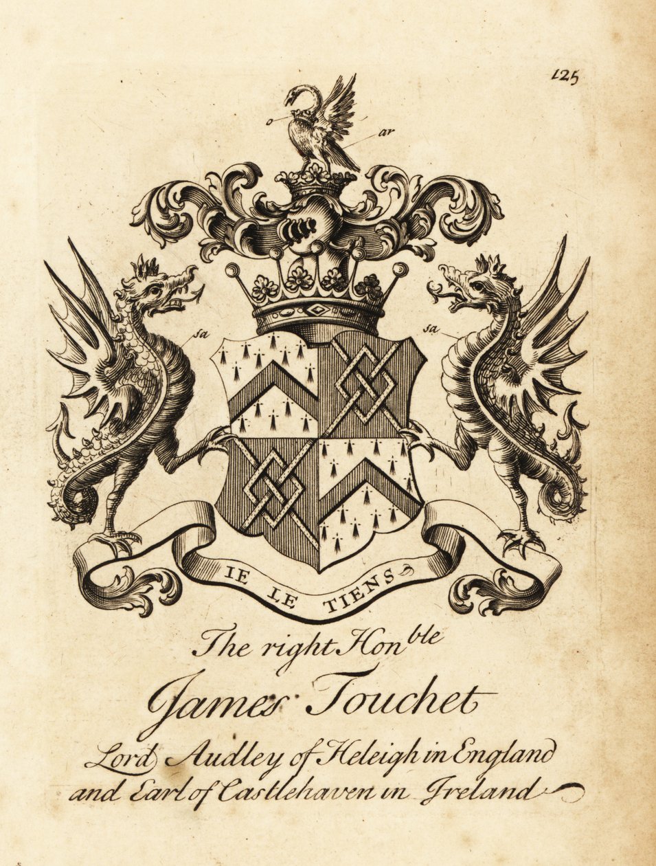 Escudo de armas del Muy Honorable James Touchet, Lord Audley de Heleigh en Inglaterra, 6º Conde de Castlehaven en Irlanda, fallecido en 1740 de Andrew Johnston