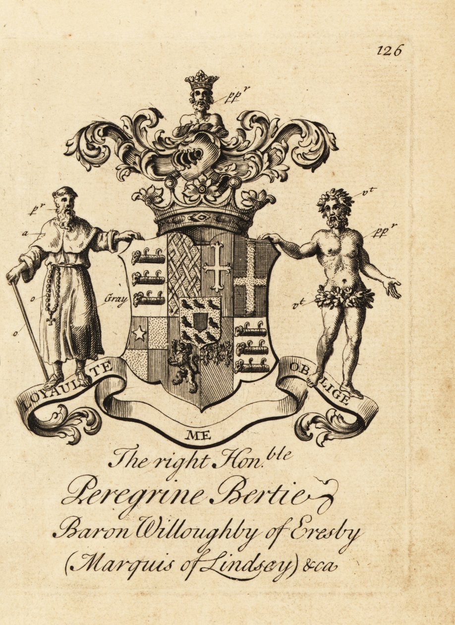 Escudo de armas del Muy Honorable Peregrine Bertie, Barón Willoughby de Eresby, Marqués de Lindsay, 2º Duque de Ancaster y Kesteven de Andrew Johnston