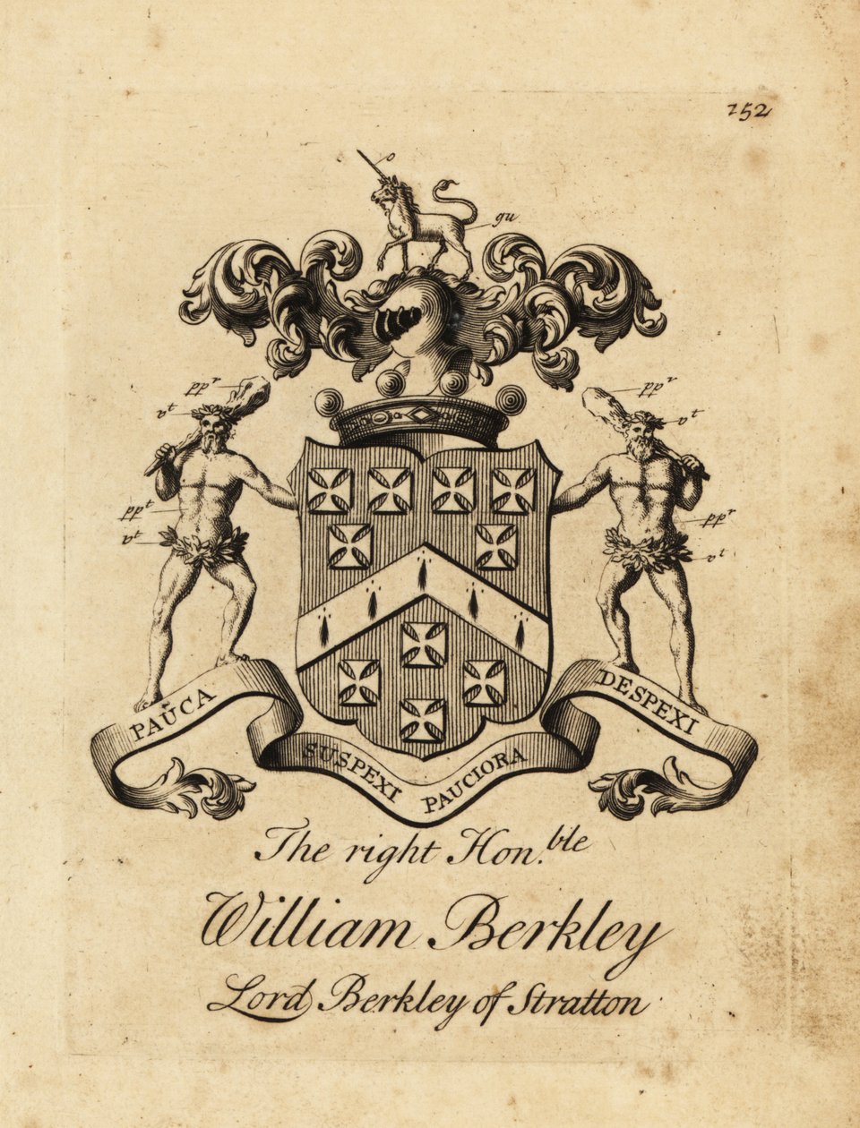 Escudo de armas del Muy Honorable William Berkley, Lord Berkley de Stratton, 4º Barón Berkeley de Stratton, fallecido en 1741 de Andrew Johnston