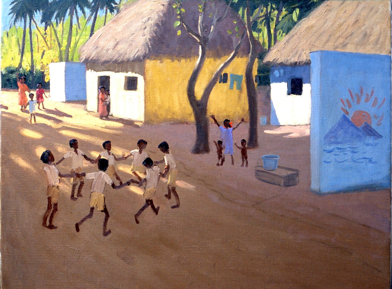 Niños bailando, India (óleo sobre lienzo) de Andrew Macara