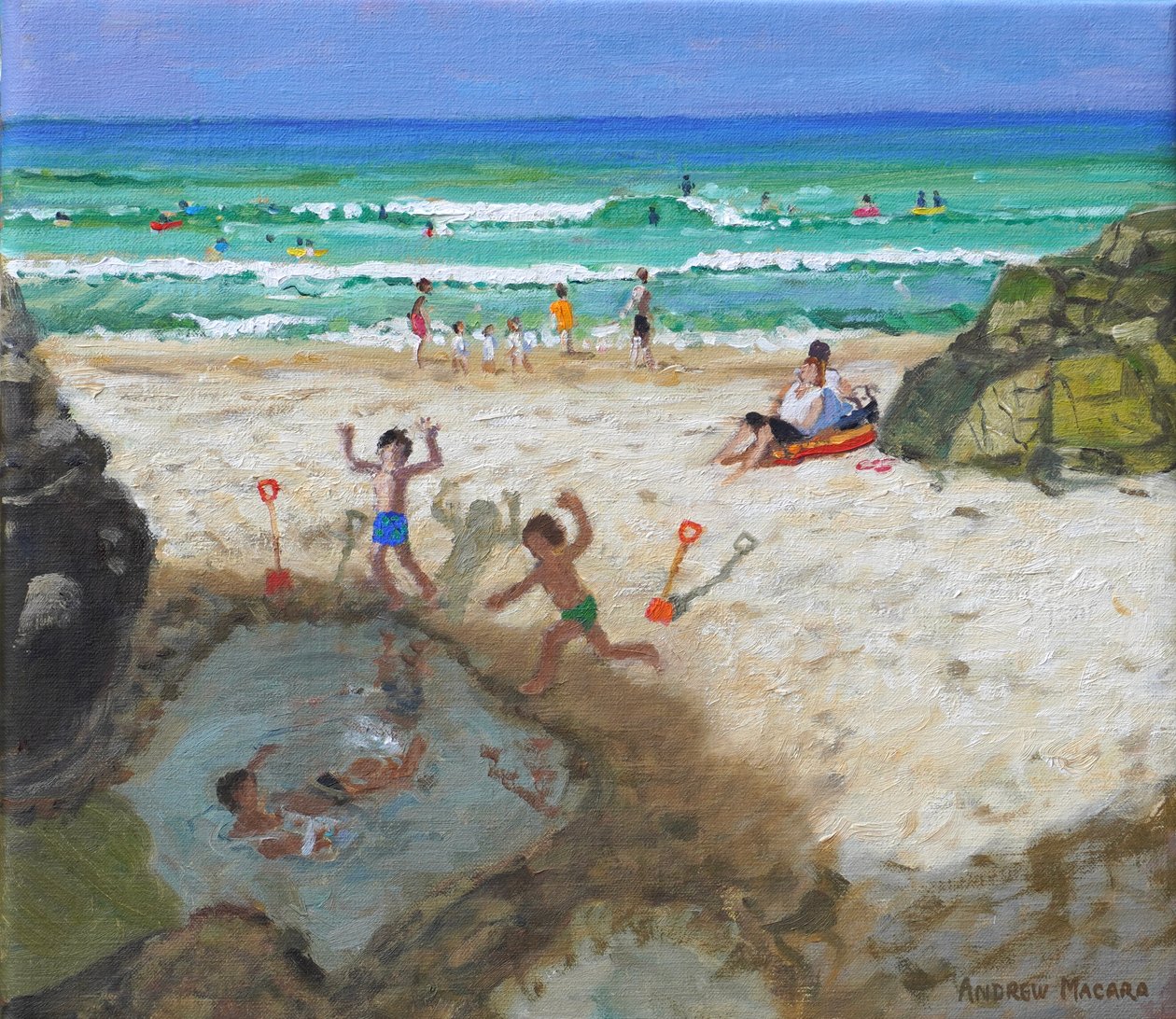 Diversión en la piscina marina, St Ives, 2024 (óleo sobre lienzo) de Andrew Macara