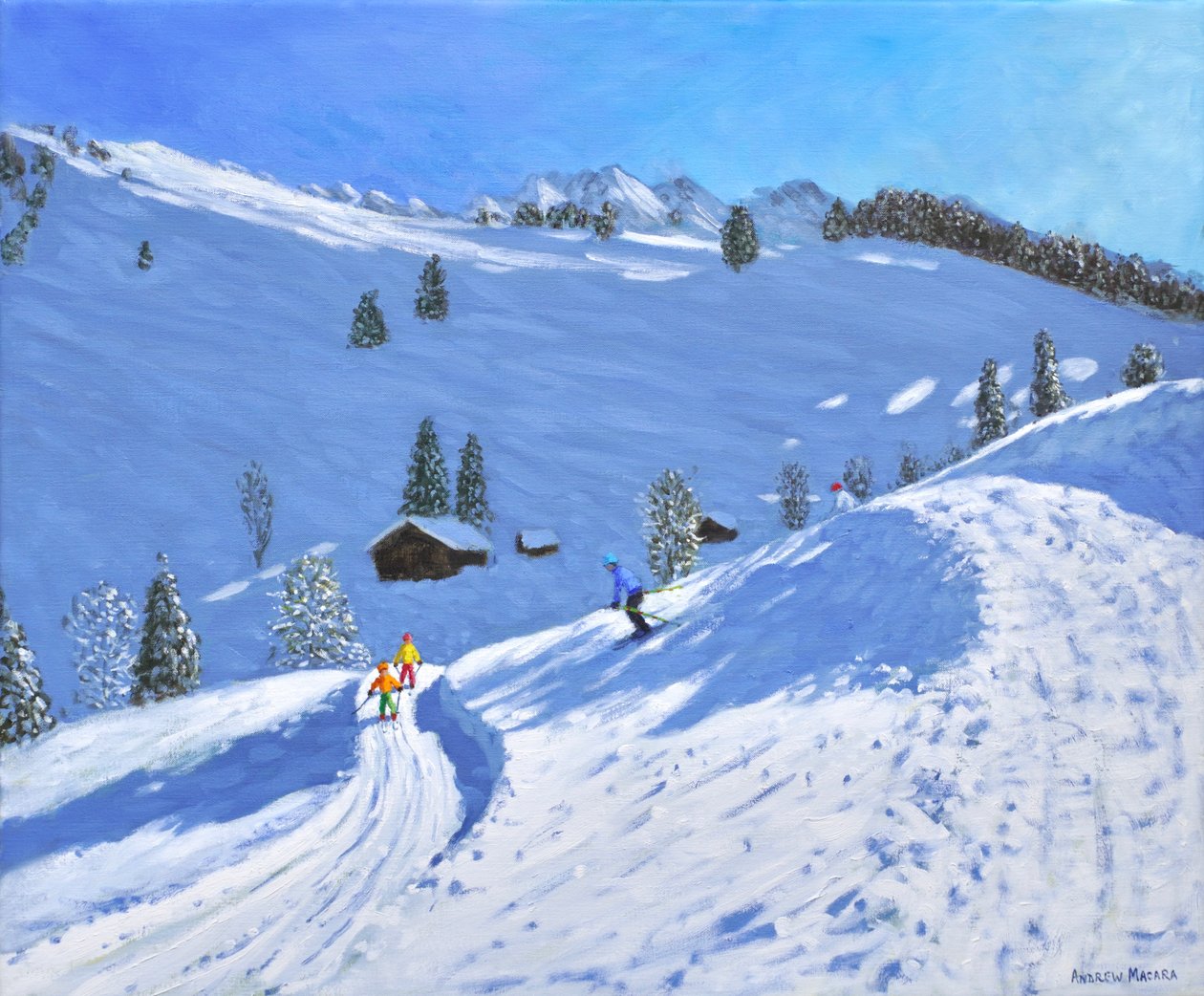 Mañana de esquí, La Clusaz, Francia, 2018 (óleo sobre lienzo) de Andrew Macara