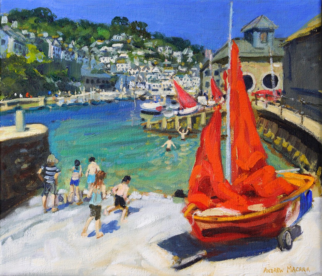 Jugando en el puerto, Looe, Cornualles, 2012 (óleo sobre lienzo) de Andrew Macara