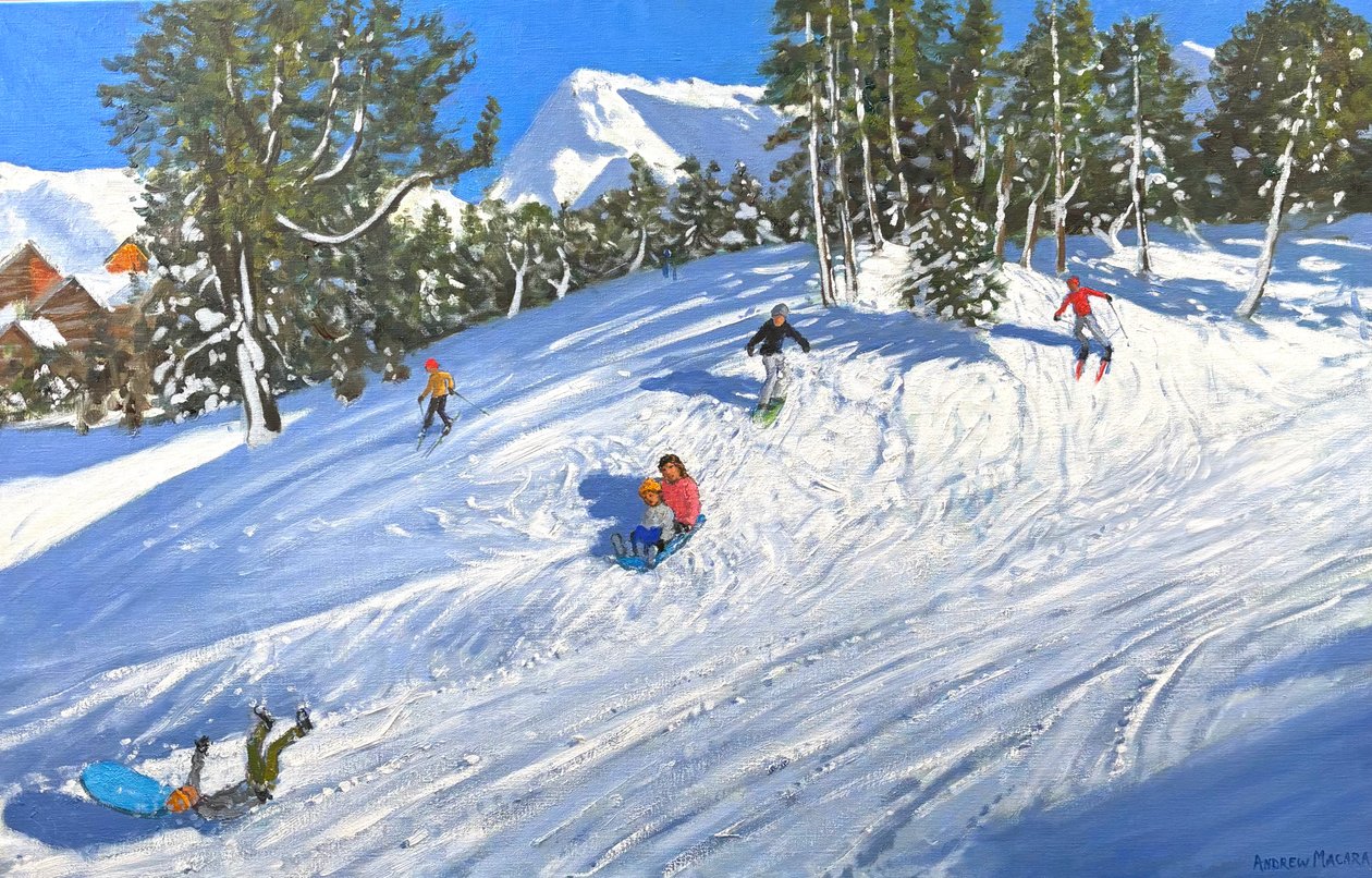 Trineo y esquí, Les Arcs, Francia, 2023 (óleo sobre lienzo) de Andrew Macara