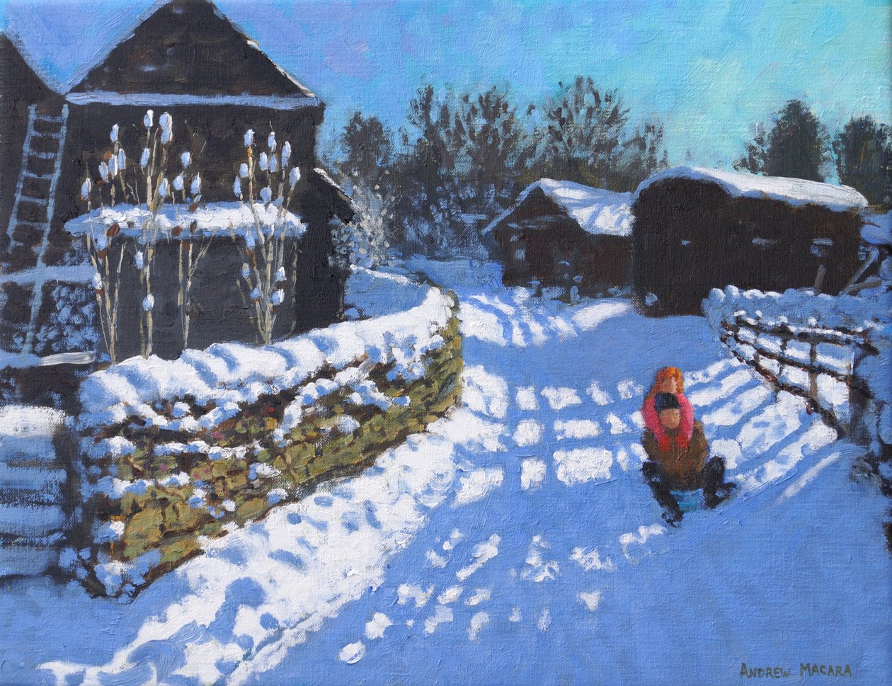 Trineo, cerca de Wintercroft Lane cerca de Dovedale y Thorpe. Ashbourne, 2021 (óleo sobre lienzo) de Andrew Macara