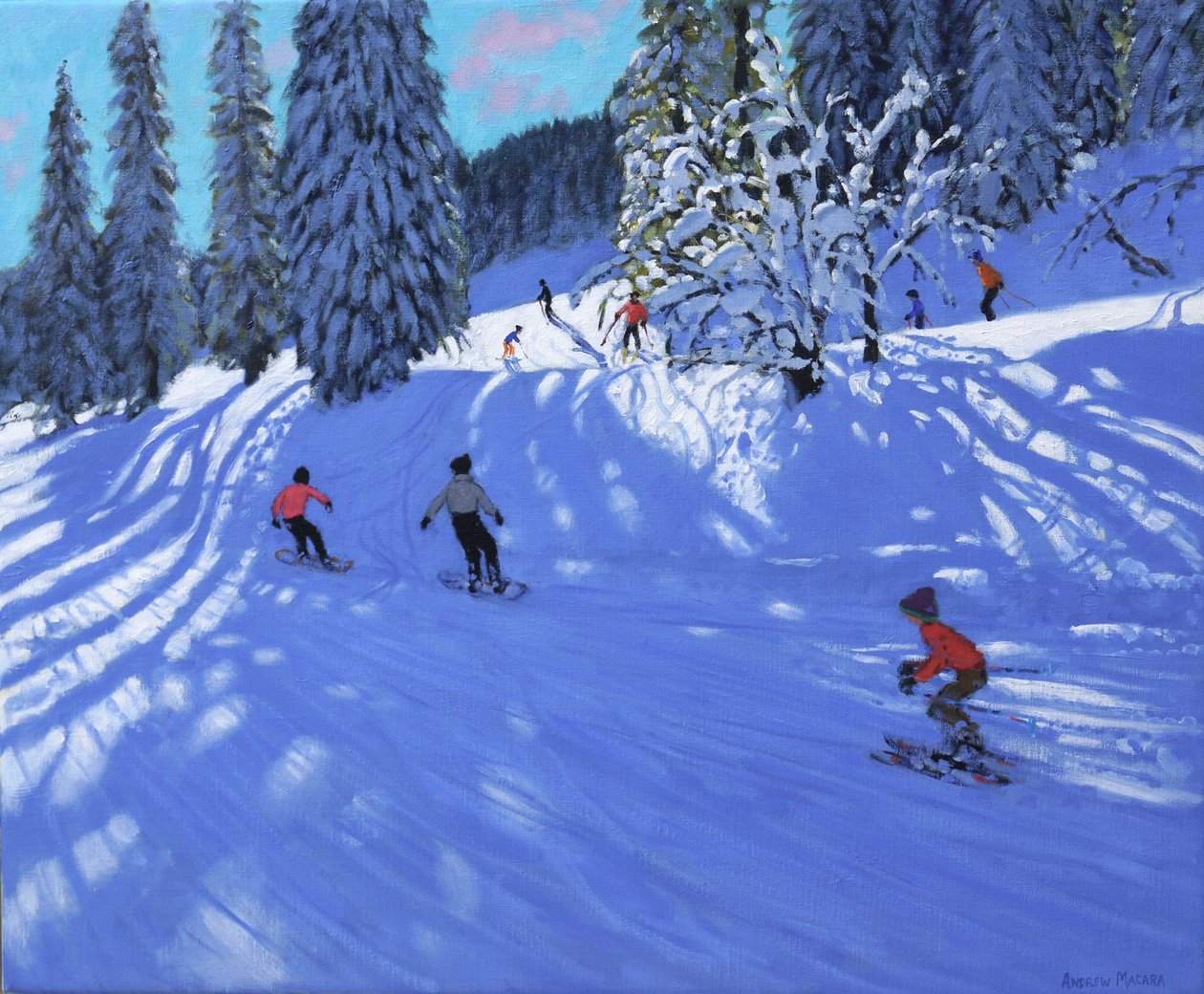 Snowboarders y esquiadores, Morzine, Francia, 2022 (óleo sobre lienzo) de Andrew Macara
