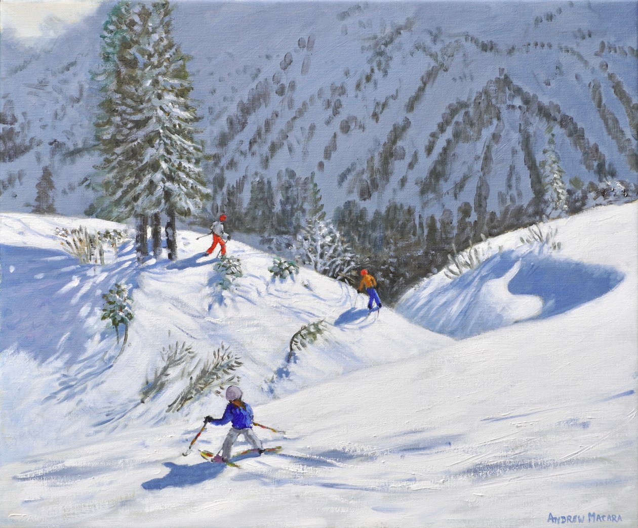 Tres esquiadores, Kitzbuehel, Austria, 2024 (óleo sobre lienzo) de Andrew Macara
