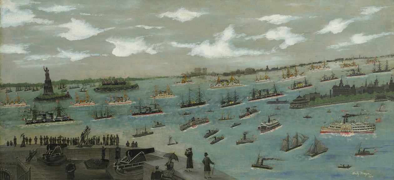Revisión de la flota de los Estados Unidos en el puerto de Nueva York con la Estatua de la Libertad, 1893 de Andrew Meyer