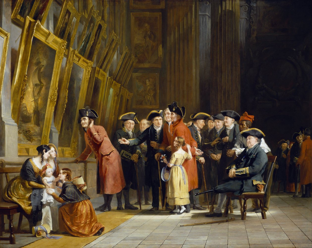 Reunión de veteranos del Ejército y la Armada británicos, que sirvieron a las órdenes de Horatio Nelson (1758-1805): Residentes de Chelsea (vestidos de rojo) y del Hospital de Greenwich (vestidos de azul) visitando la galería de pintura marina del Hospital de Andrew Morton