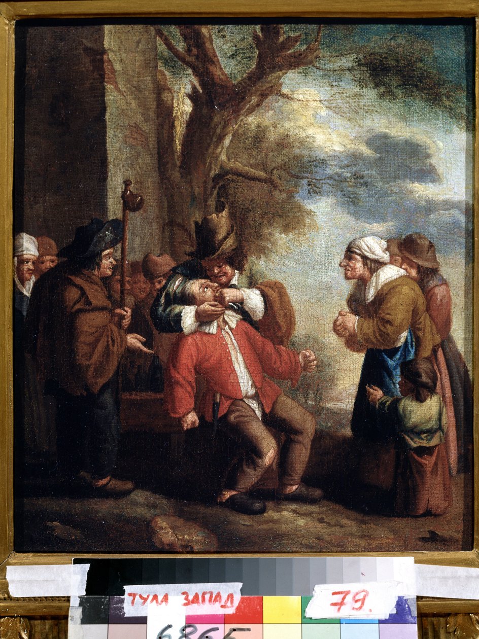 ""El extractor de dientes o el dolor"" (Dentista. Dolor (De la serie Los cinco sentidos) Pintura de Andries Dirksz Both (1608-1641) Museo Estatal de Arte del siglo XVII Tula Rusia de Andries Both