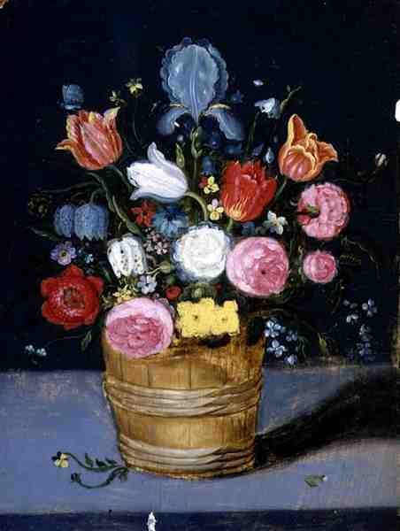 Bodegón de flores en una tina de madera de Andries Daniels or Danielsz