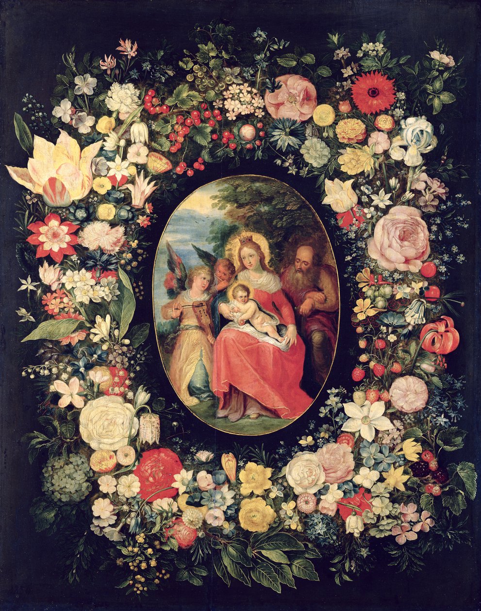 La Sagrada Familia enmarcada por una guirnalda de flores de Andries Daniels or Danielsz