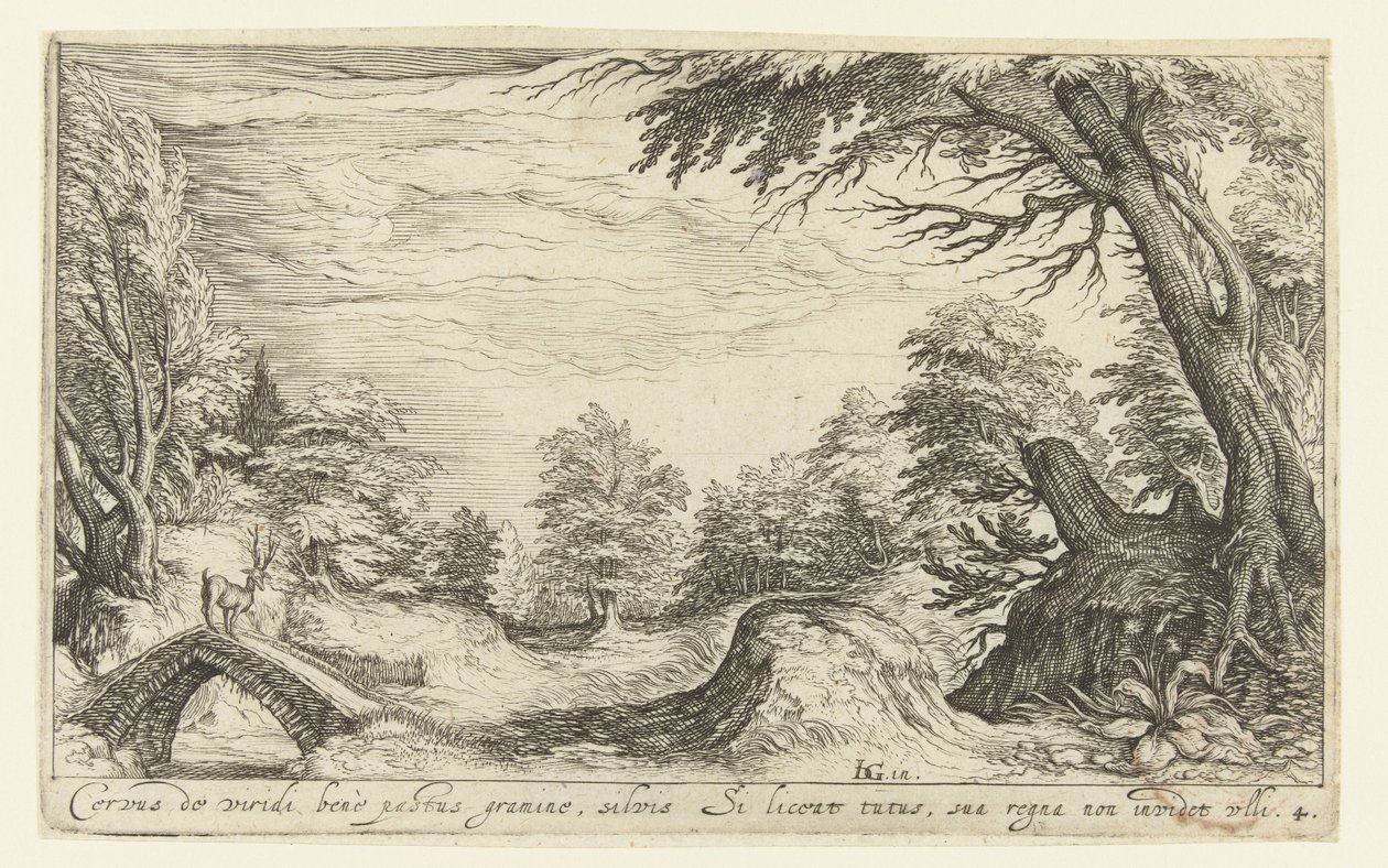 Paisaje con un ciervo en un puente. Paisajes (título de la serie) de Andries Jacobsz. Stock