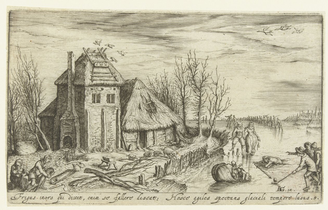 Paisaje de invierno con patinadores. Paisajes (título de la serie) de Andries Jacobsz. Stock